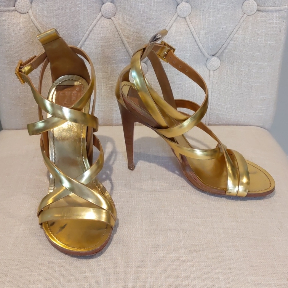 Tory Burch gold strappy heels